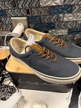 Ralph Lauren Navy Canvas Low-Top Sneakers with Tan Accents